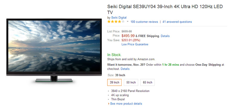 Seiki Digital SE39UY04 39-inch 4K UltraHD UHD LED TV